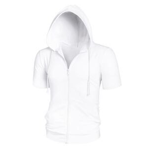 Men's Hoodies Solid Color Zip Up Short Sleeve Jackets with Hood White